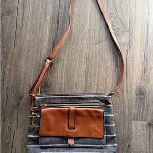 Fossil Kinley Gray  White Stripe Canvas Crossbody Bag Leather Flap Pocket Purse